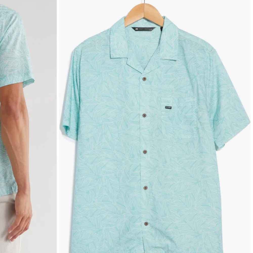 Travis Mathew Light Aqua Palm-Print Short-Sleeve Button-Down Shirt